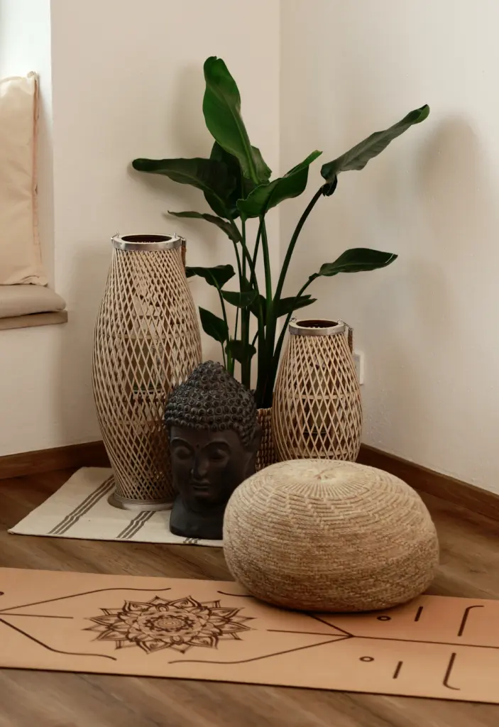 Buddha-Figur und ausgerollte Entspannungsmatte schaffen eine ruhige, einladende Atmosphäre im Therapieraum der Gesundheitsreise